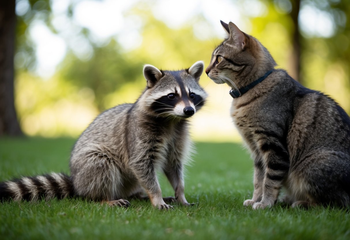 A raccoon sits between a dog and a cat, observing both animals with curiosity