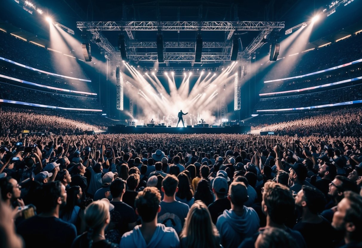 A crowded concert stadium with a massive stage and a sea of cheering fans, with a spotlight on a musician performing their best-selling song