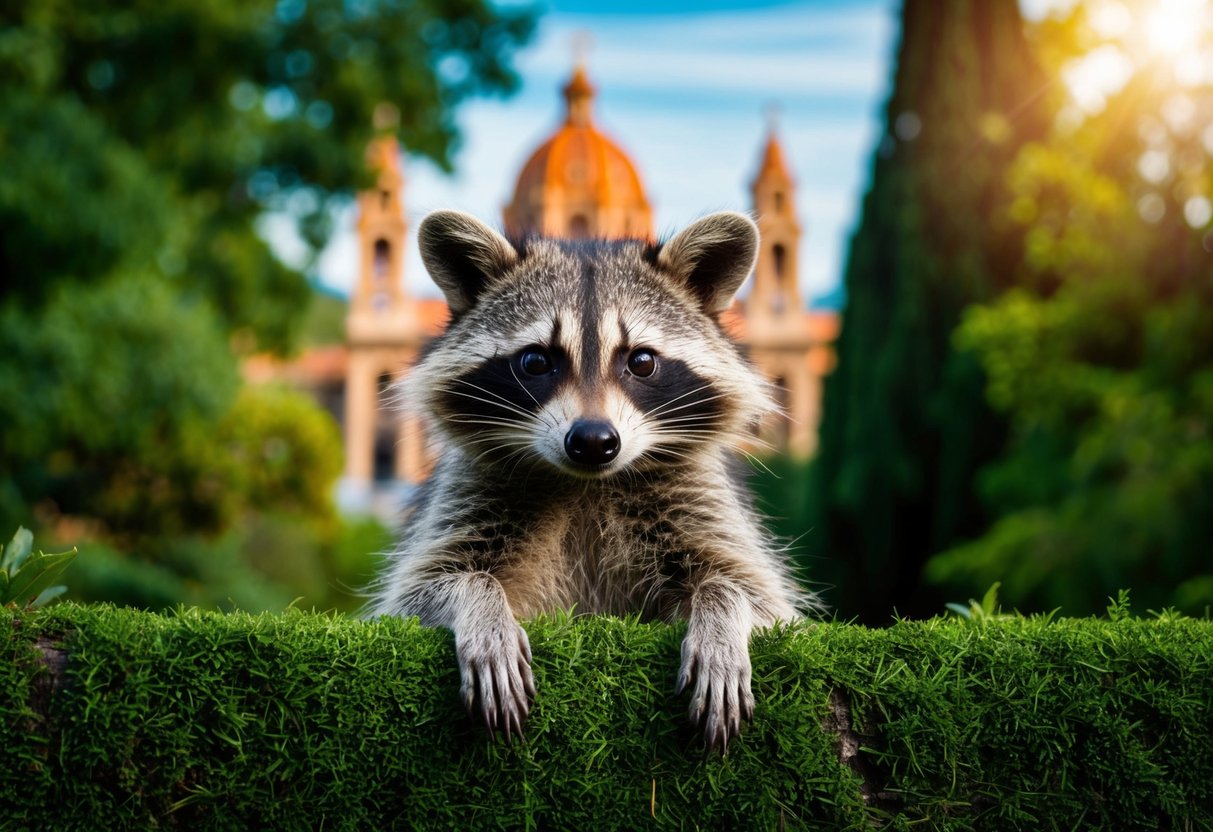 A raccoon peeks out from a lush green forest in Spain, with iconic architecture in the background