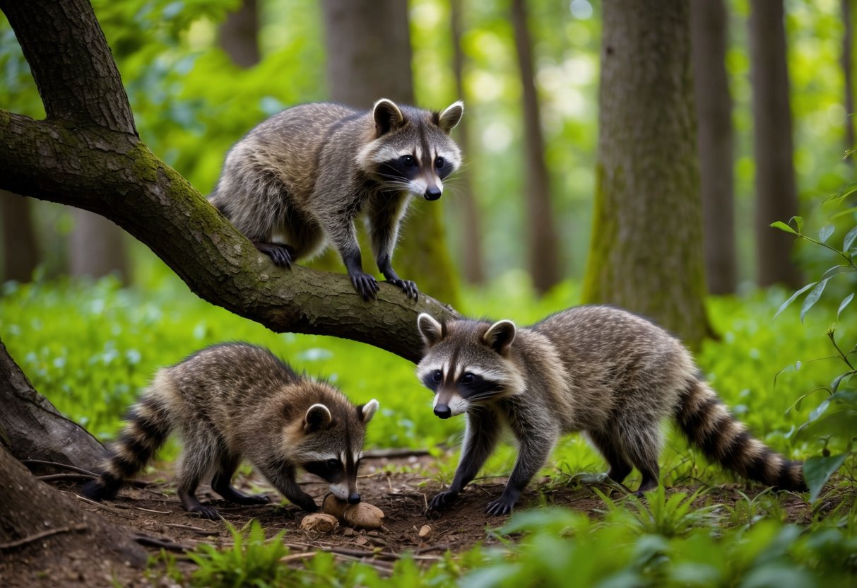 A family of raccoons foraging in a lush Spanish forest, with one perched on a tree branch and another digging for food on the forest floor