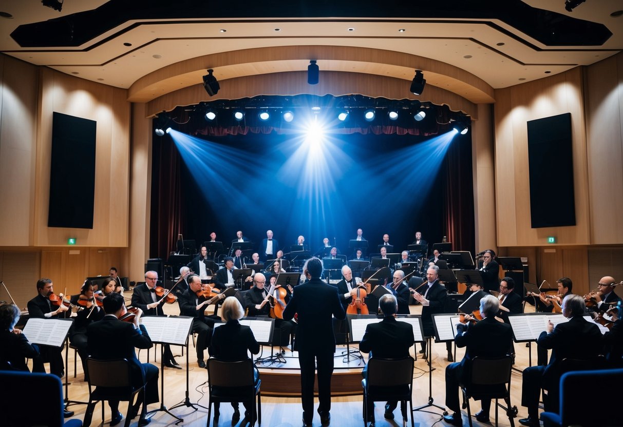 A grand stage with a spotlight on a microphone, surrounded by a symphony orchestra and a recording studio filled with instruments and sound equipment
