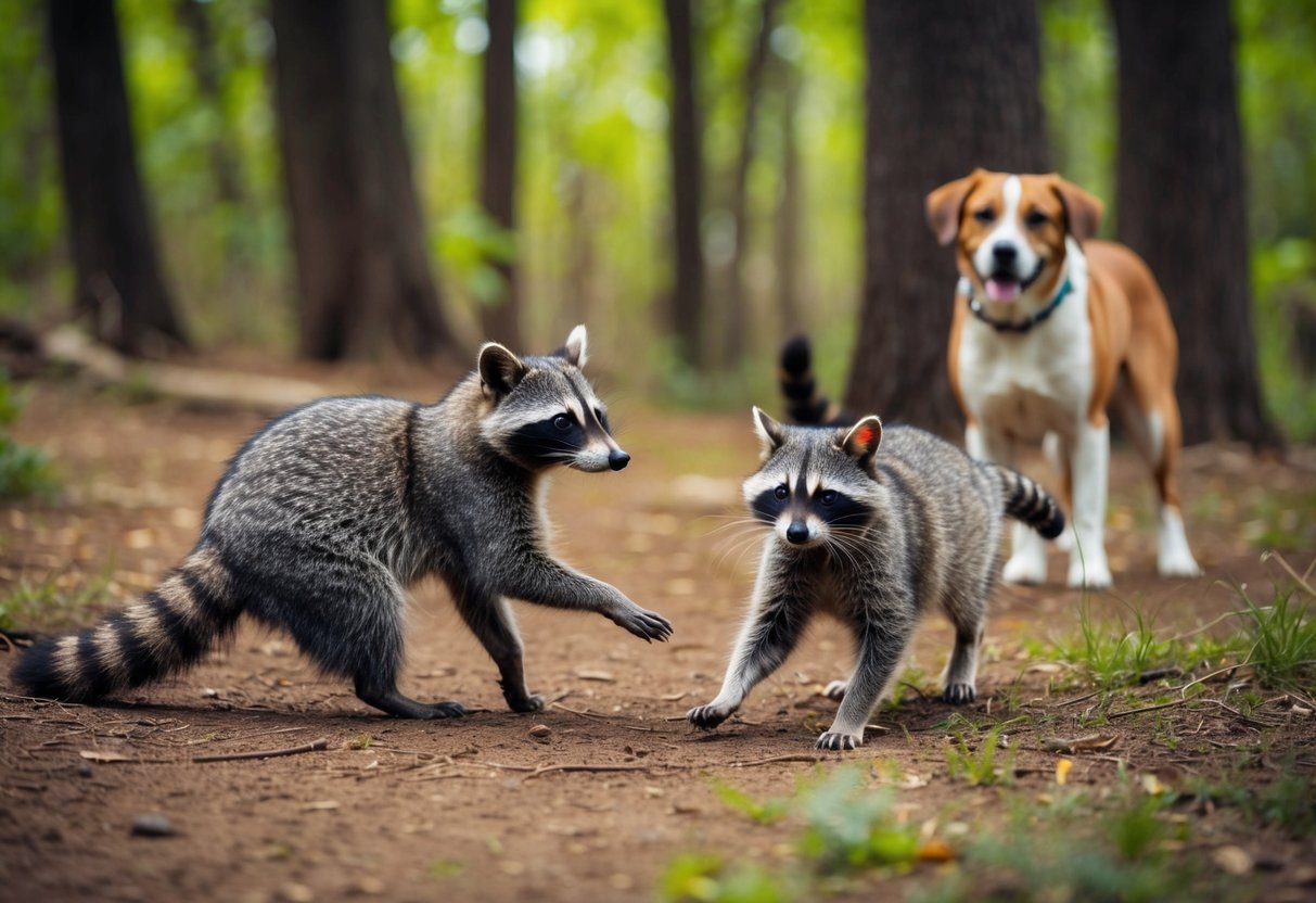 A raccoon and a cat playfully chase each other through a wooded area, while a dog watches from a distance with curiosity