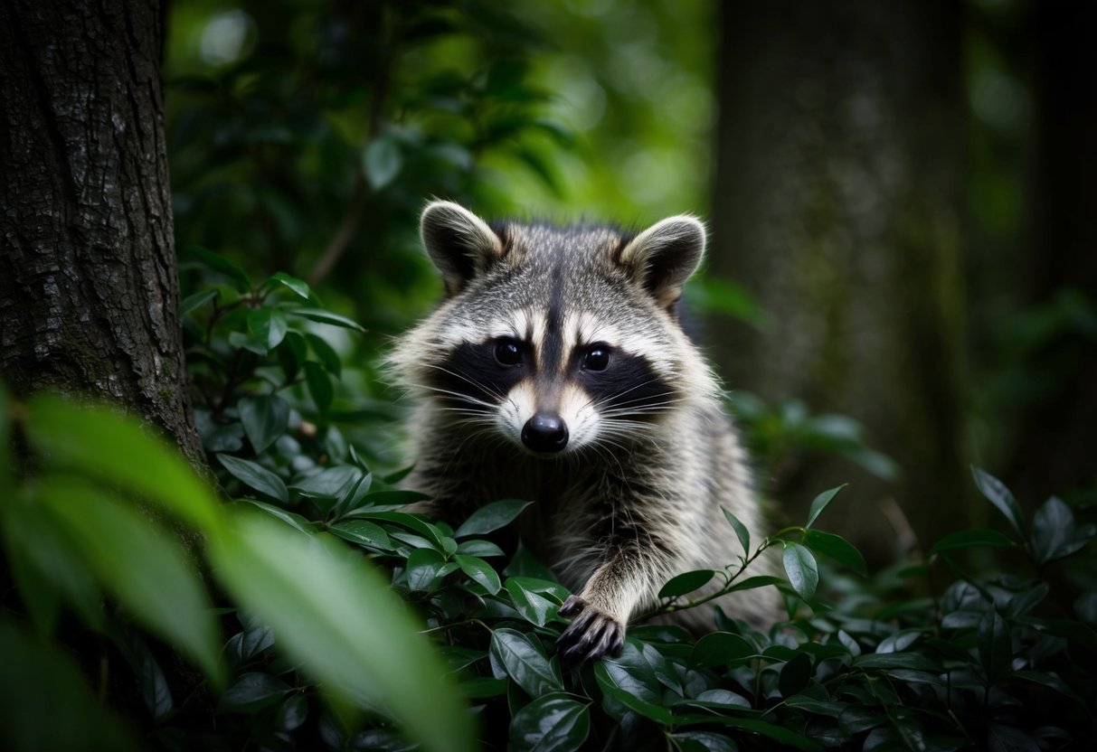 A raccoon cautiously peers out from a dark, leafy thicket in a lush forest setting