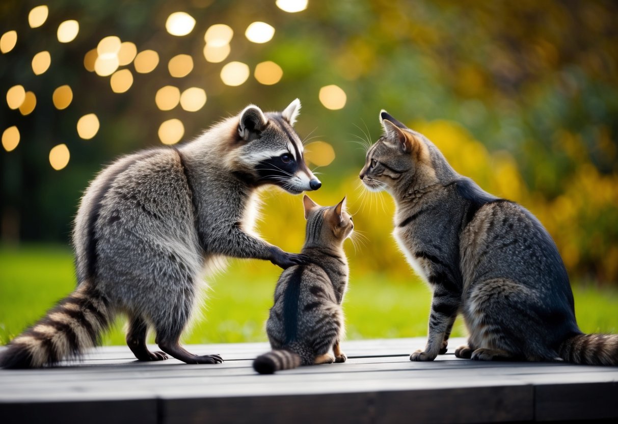 A raccoon interacts with a dog and a cat, observing their behavior and physical characteristics for comparison