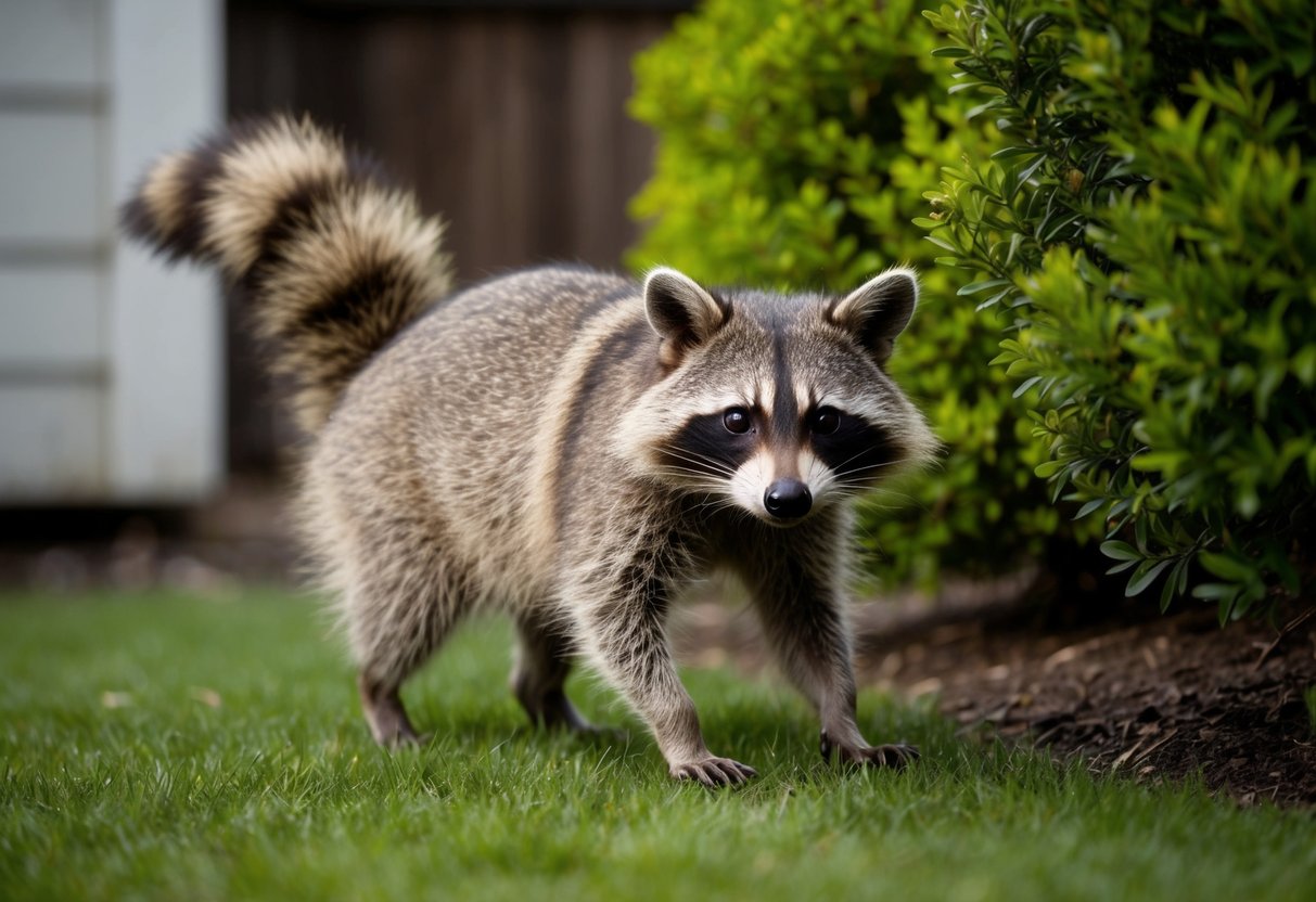 A raccoon cautiously approaches a backyard, its mask-like face peering out from behind a bush. Its bushy tail is raised in curiosity as it sniffs the air