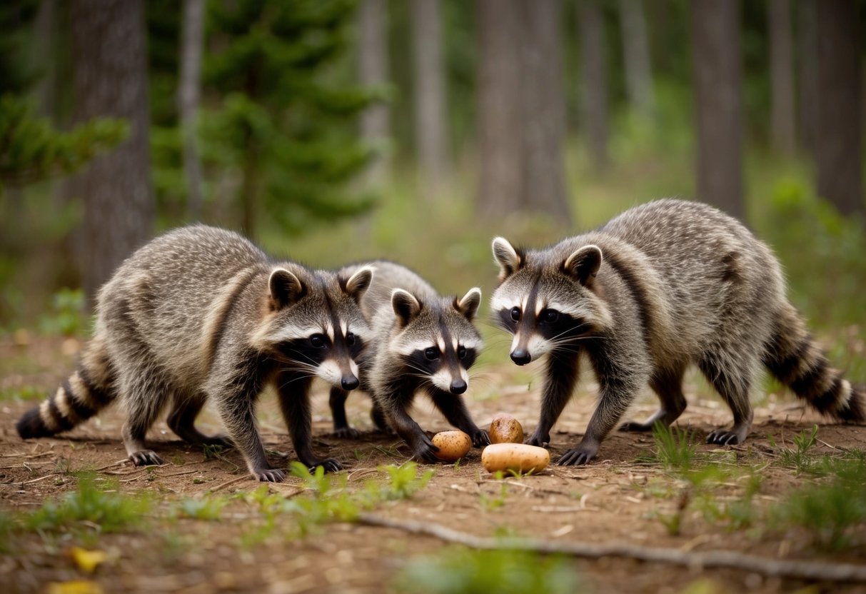 A raccoon family foraging in a North American forest