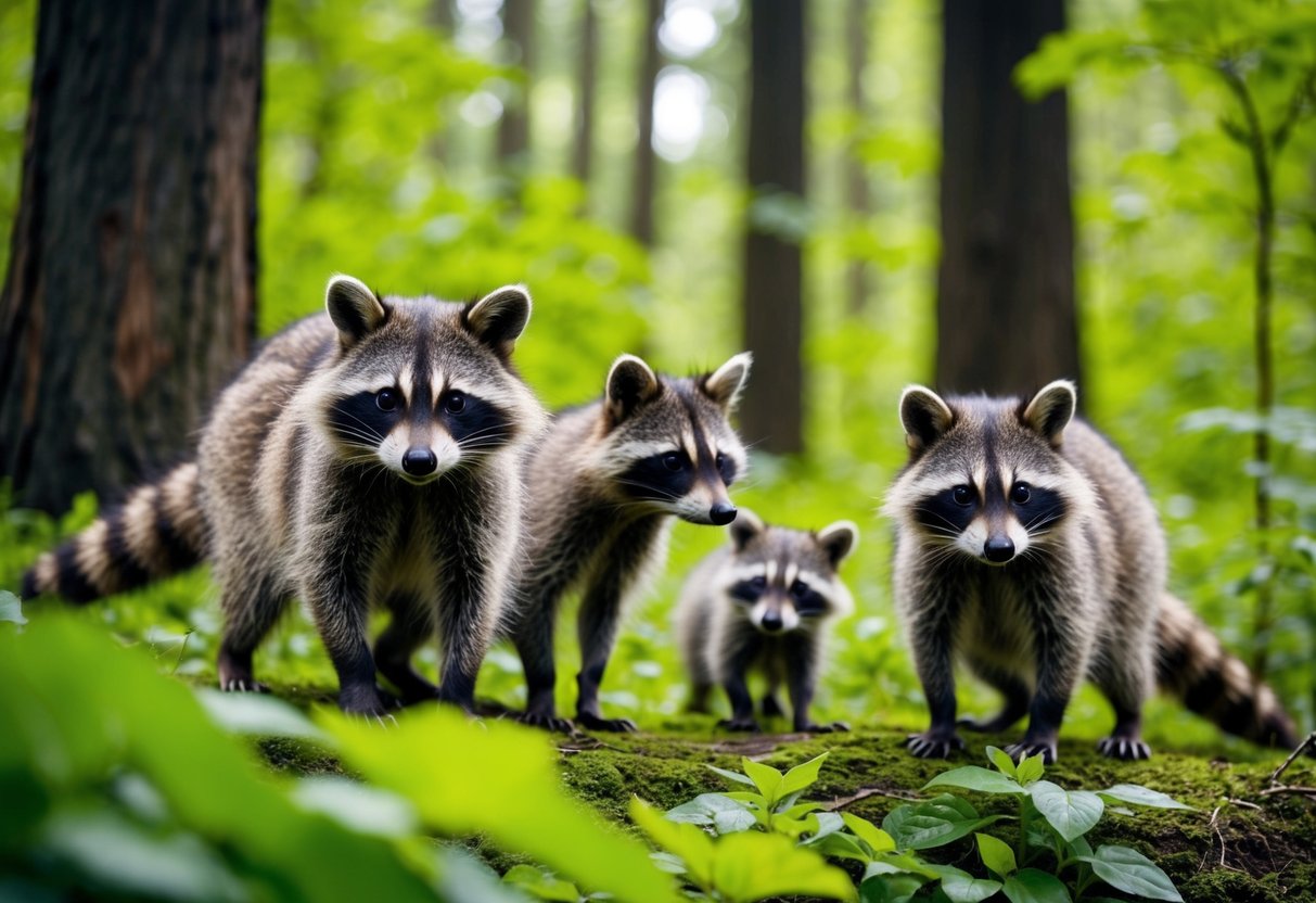 A raccoon family explores a lush forest in North America, their distinctive markings and masked faces standing out against the greenery
