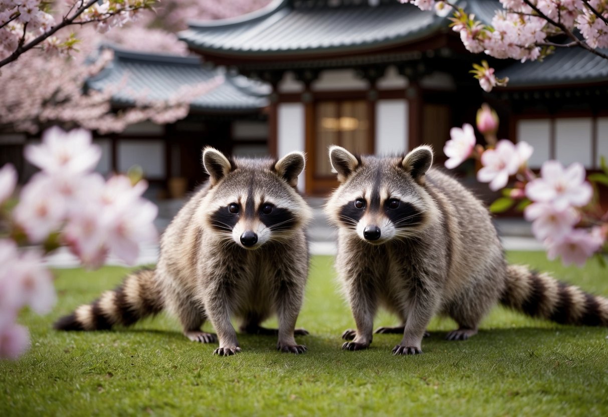 Raccoons in a Japanese garden, surrounded by traditional architecture and cherry blossom trees