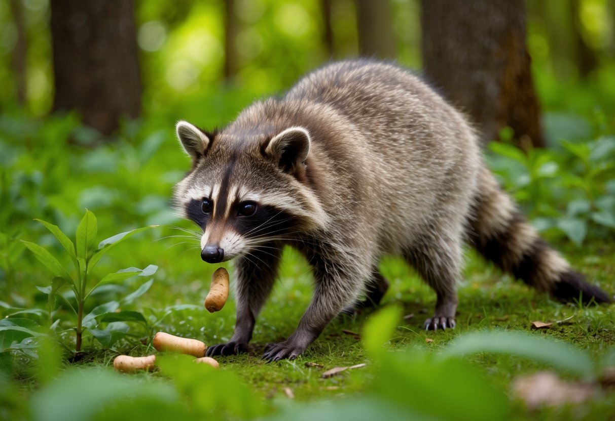 A raccoon foraging for food in a lush forest in North America