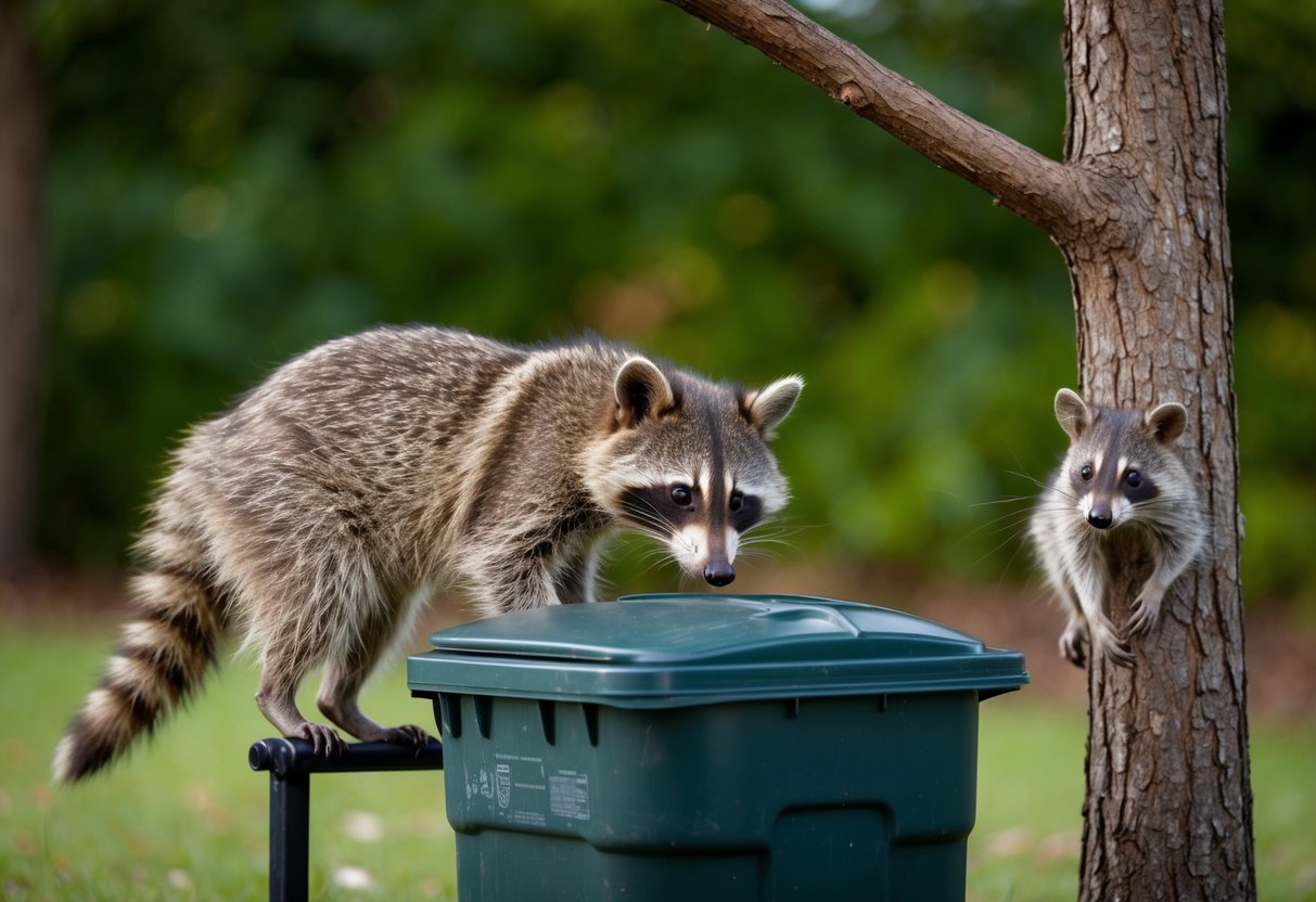 A raccoon sniffs curiously at a trash can, while a curious possum watches from a nearby tree branch