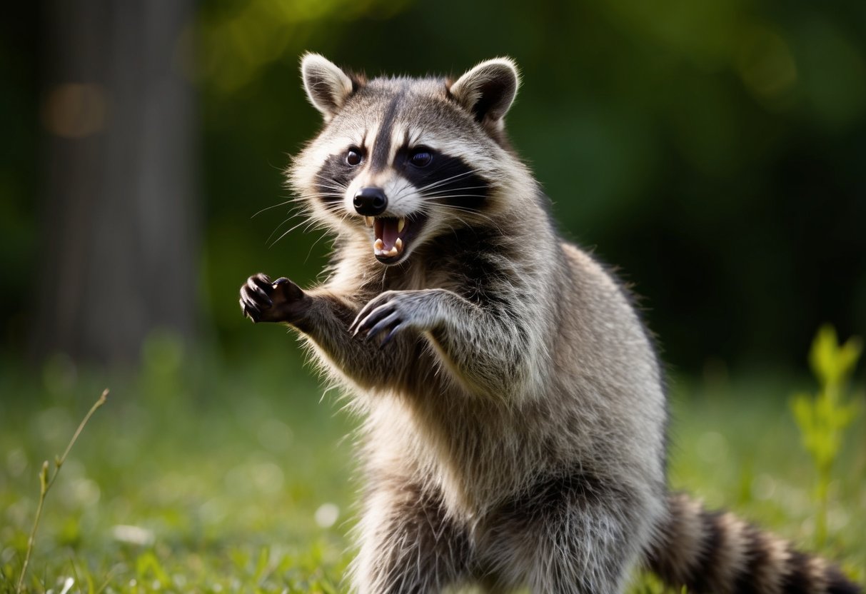 A raccoon bares its teeth and hisses, standing on its hind legs, ready to defend itself