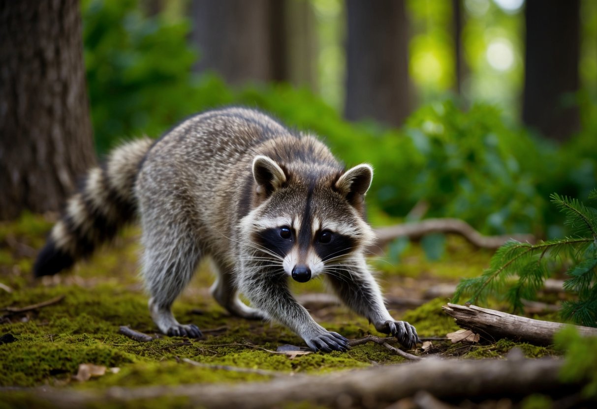 A raccoon-like animal forages through a forest, using its dexterous paws to manipulate objects and its agile body to climb and explore