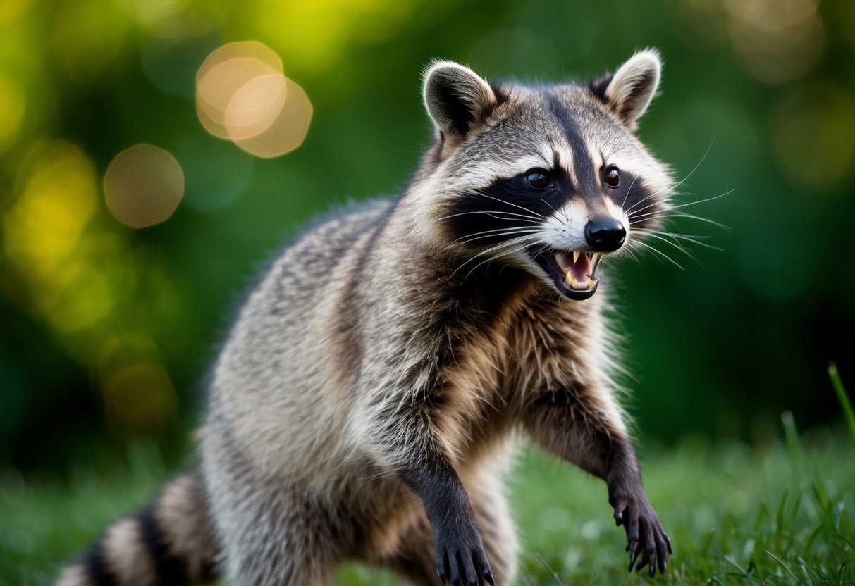 A raccoon stands on its hind legs, baring its teeth and hissing defensively