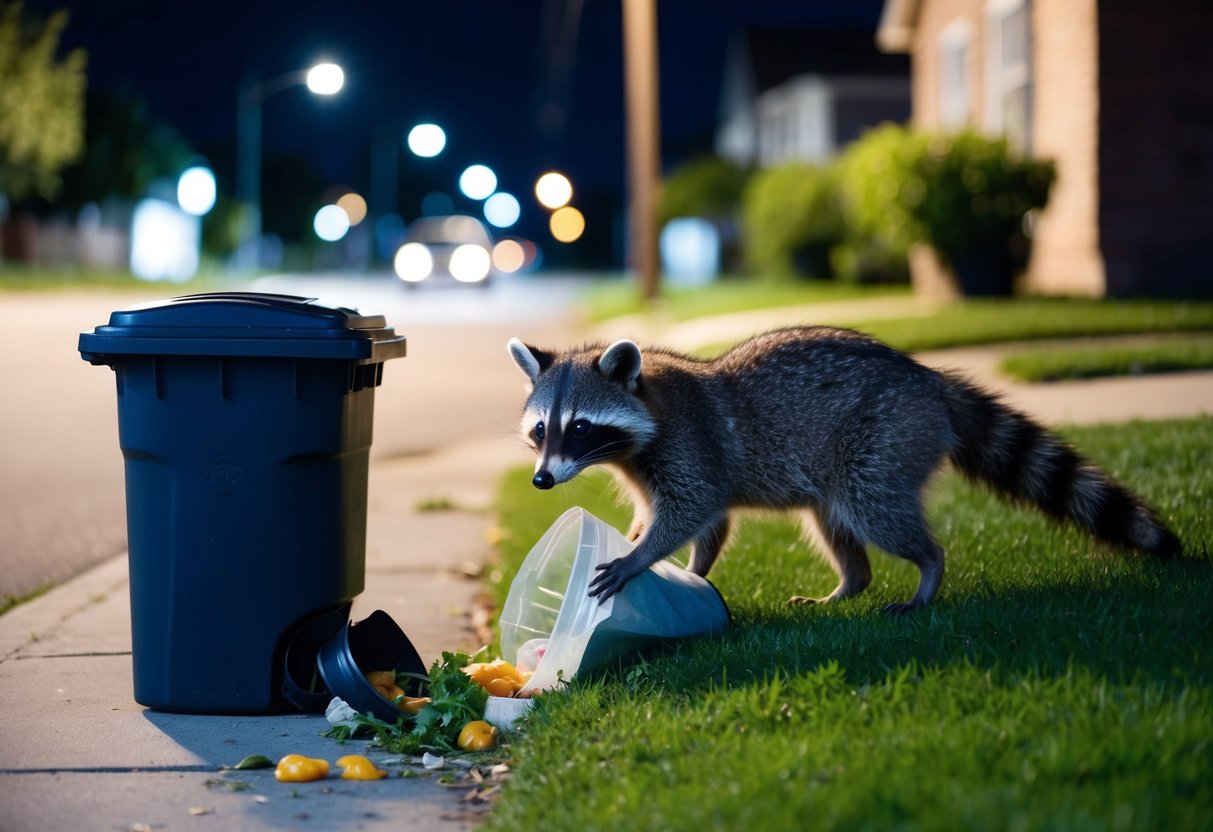 A raccoon-like animal rummages through a trash can for food scraps in a suburban neighborhood at night