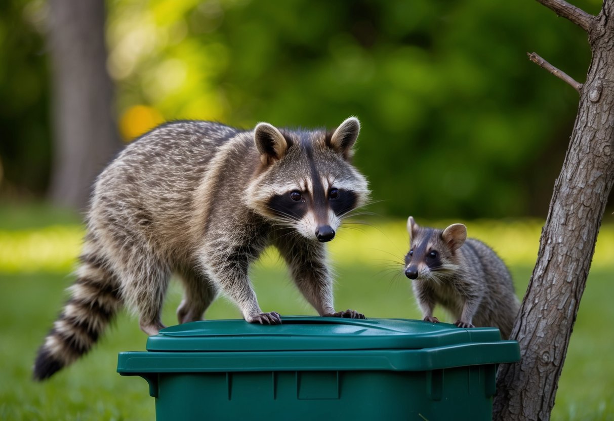 A raccoon cautiously approaches a garbage can, while a curious opossum watches from a nearby tree branch