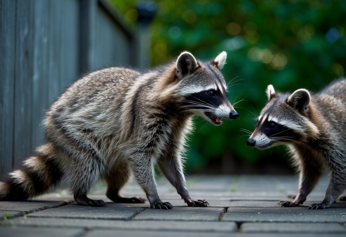 A raccoon hisses with raised fur as another cautiously approaches in a dimly lit backyard