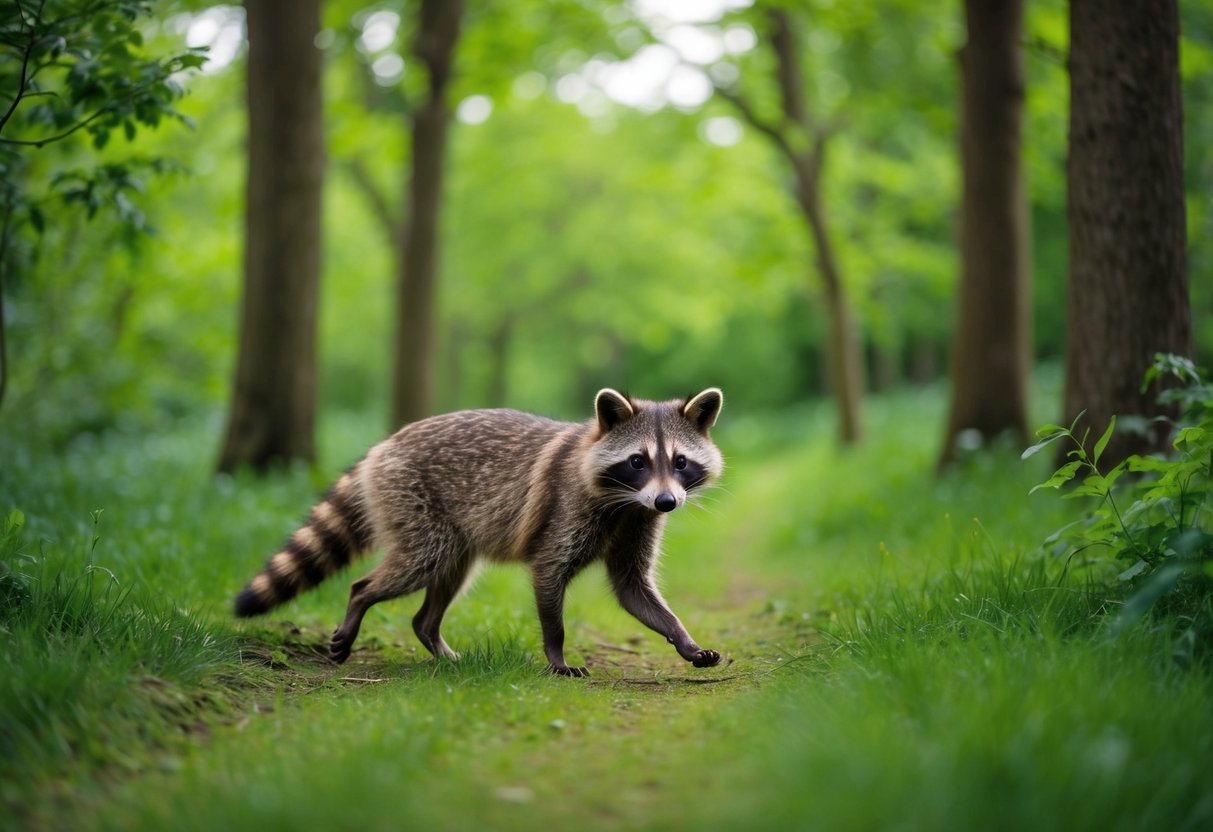 A raccoon dog roaming through a lush, green forest in the UK