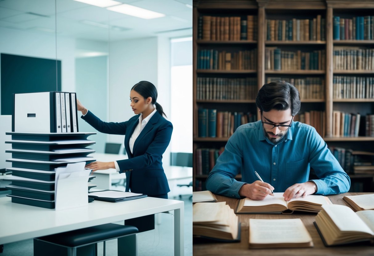 A registrar organizing files in a sterile, modern office while a humanist studies ancient texts in a cluttered, book-filled study