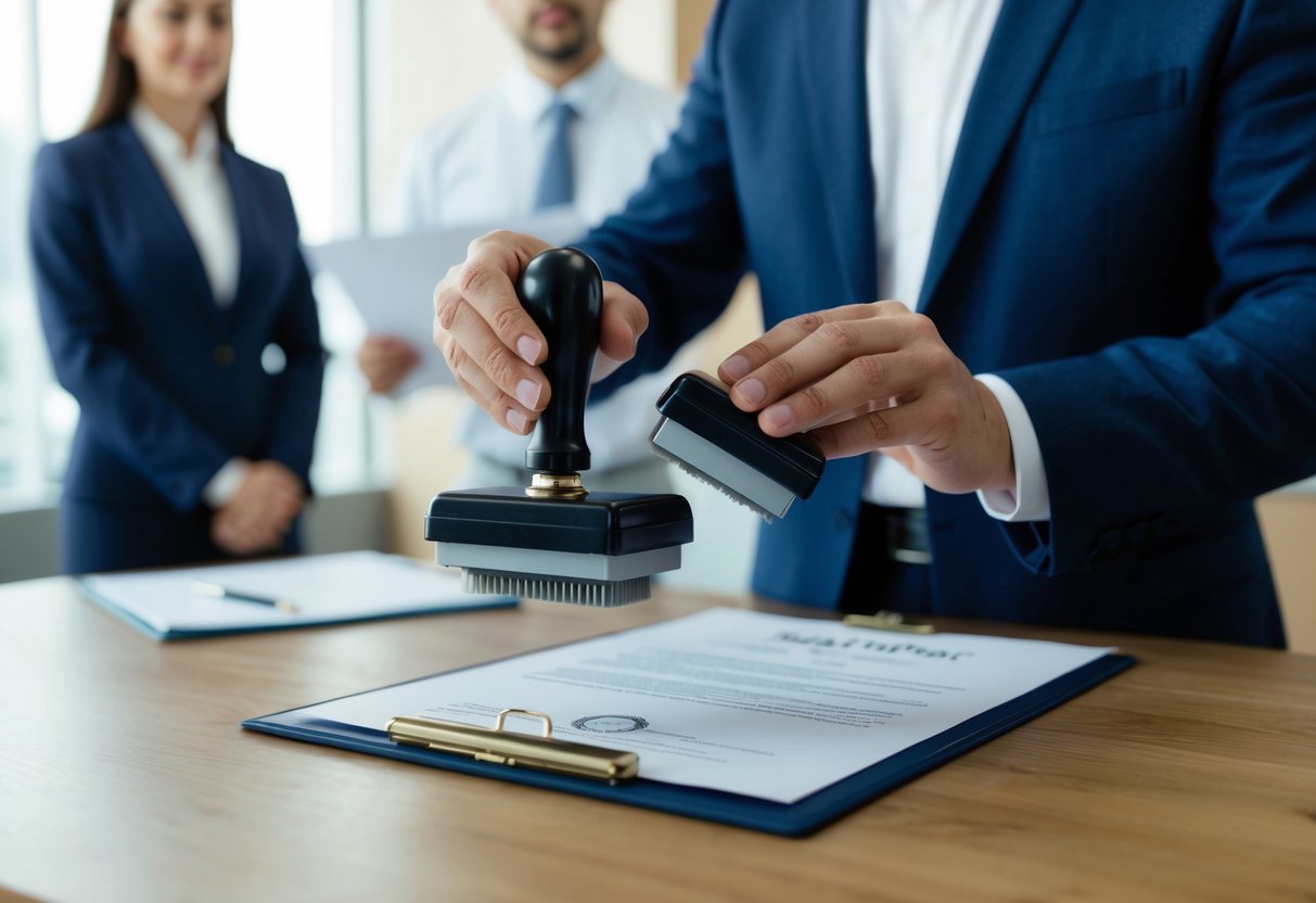 A registrar stamping a legal document, while a humanist gives a presentation on recognition