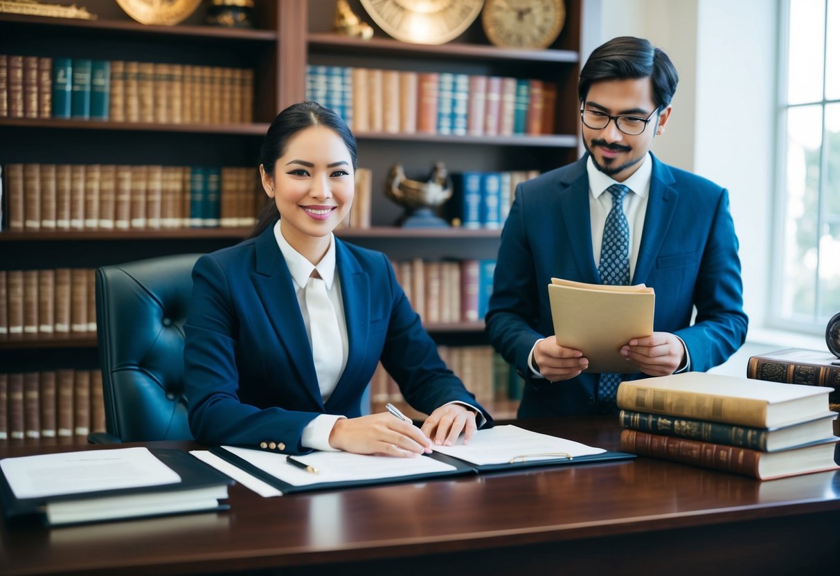 A registrar sitting at a desk with official documents, while a humanist is surrounded by books and artifacts from different cultures