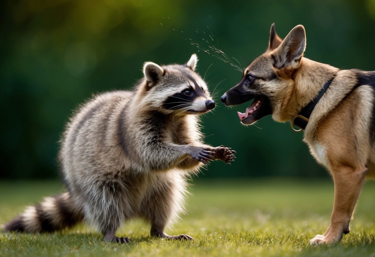 A raccoon hisses at a barking dog, its fur standing on end as it defends its territory
