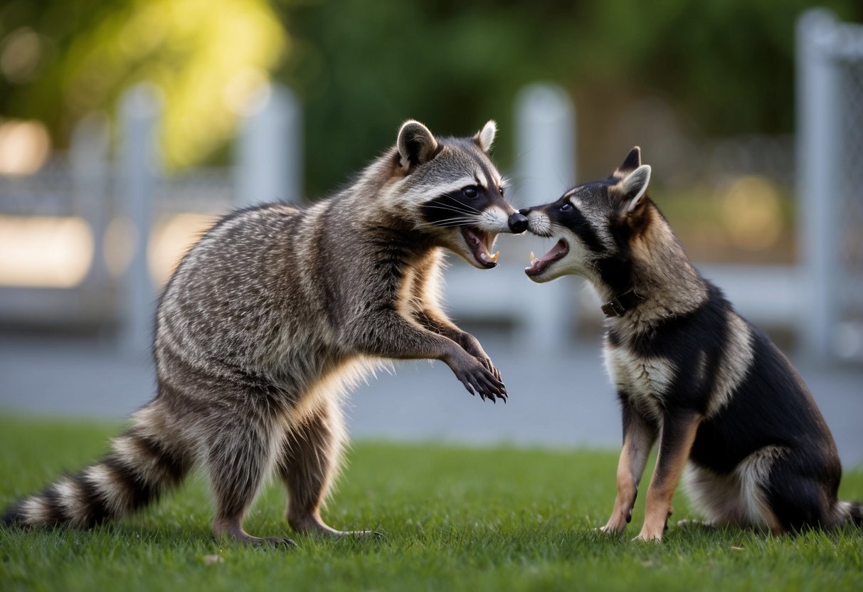 A raccoon stands on its hind legs, baring its teeth at a barking dog