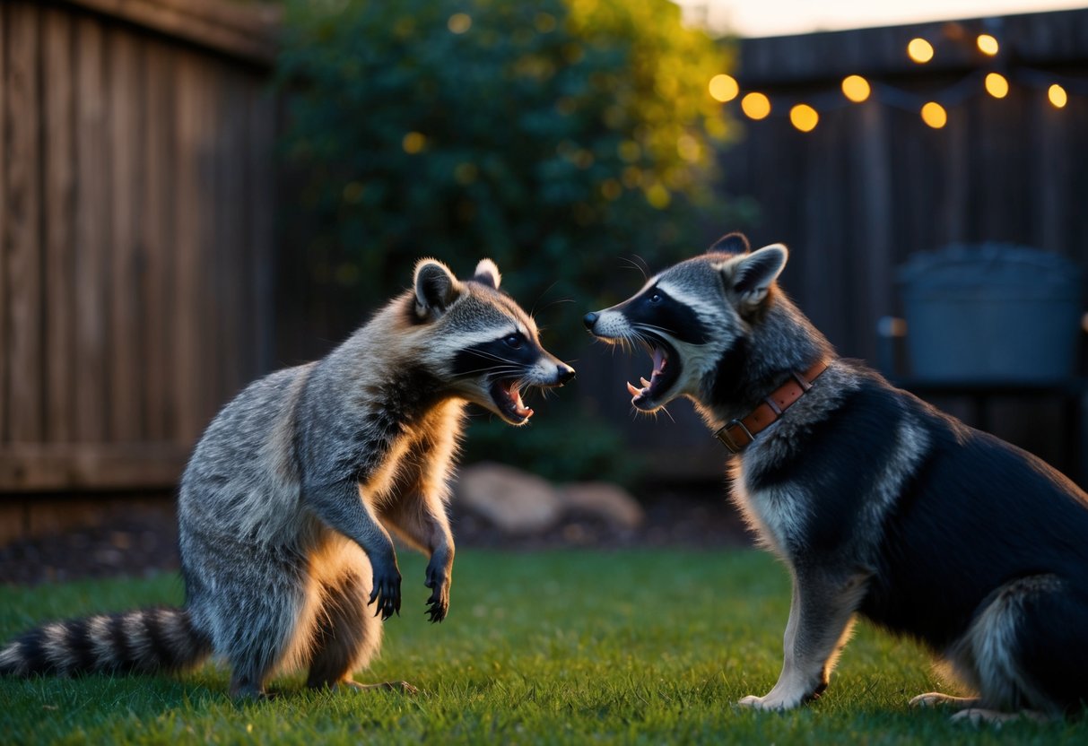 A snarling raccoon confronts a wary dog in a dimly lit backyard