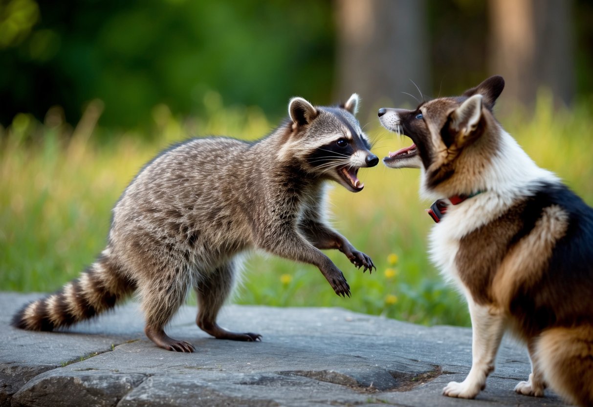 A raccoon stands on its hind legs, baring its teeth at a barking dog