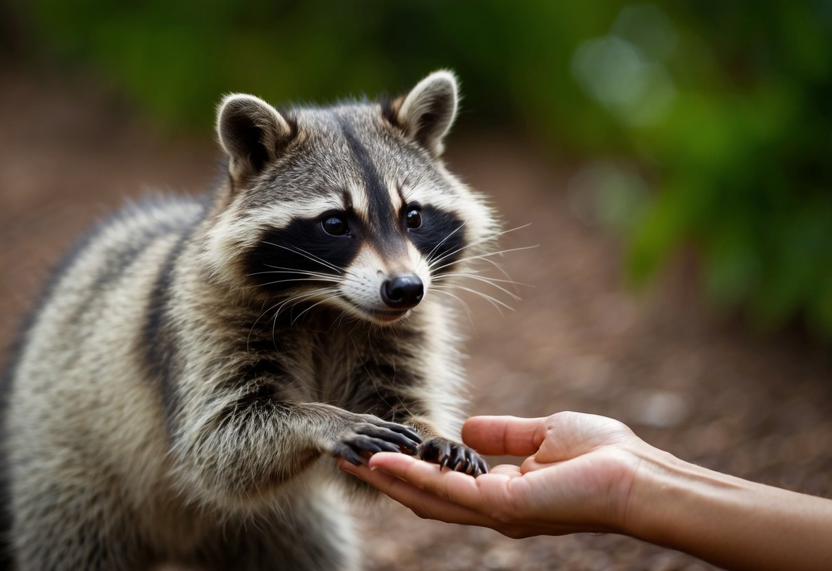 A curious raccoon cautiously approaches a human's outstretched hand