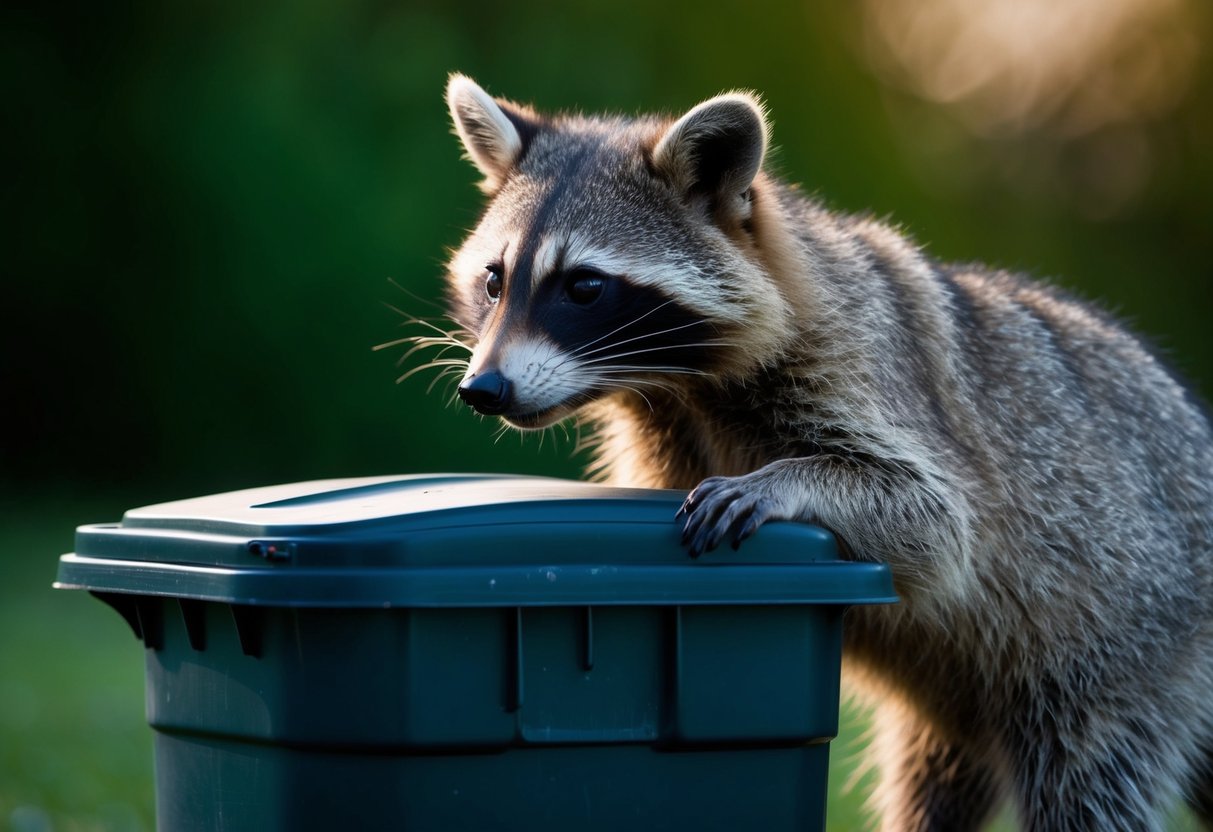 A raccoon cautiously approaches a trash can, its masked face peering out curiously. The moonlight casts a soft glow on its fur as it sniffs the air