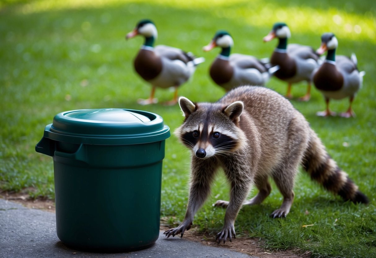 A raccoon cautiously approaches a trash can, its eyes alert and ears perked up, while a family of ducks waddle nearby