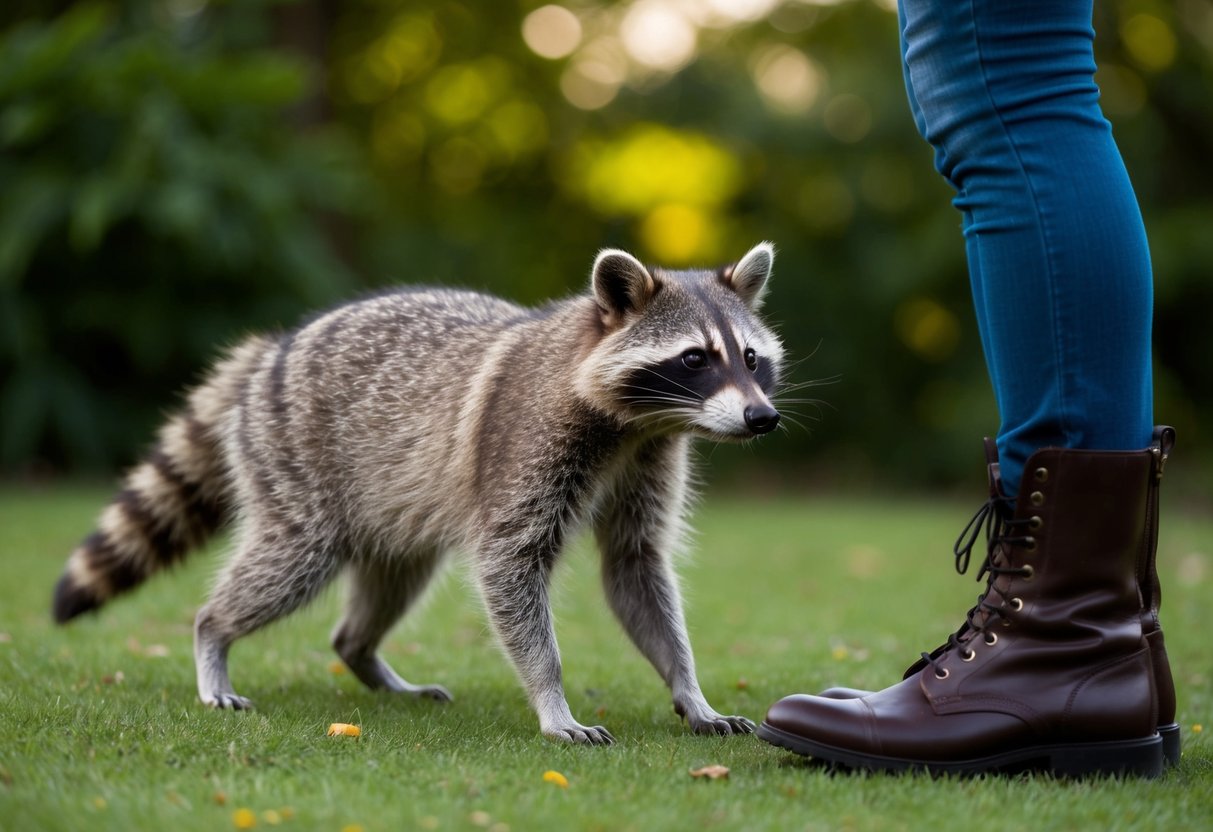 A raccoon cautiously approaches a person standing still, unsure whether to make contact