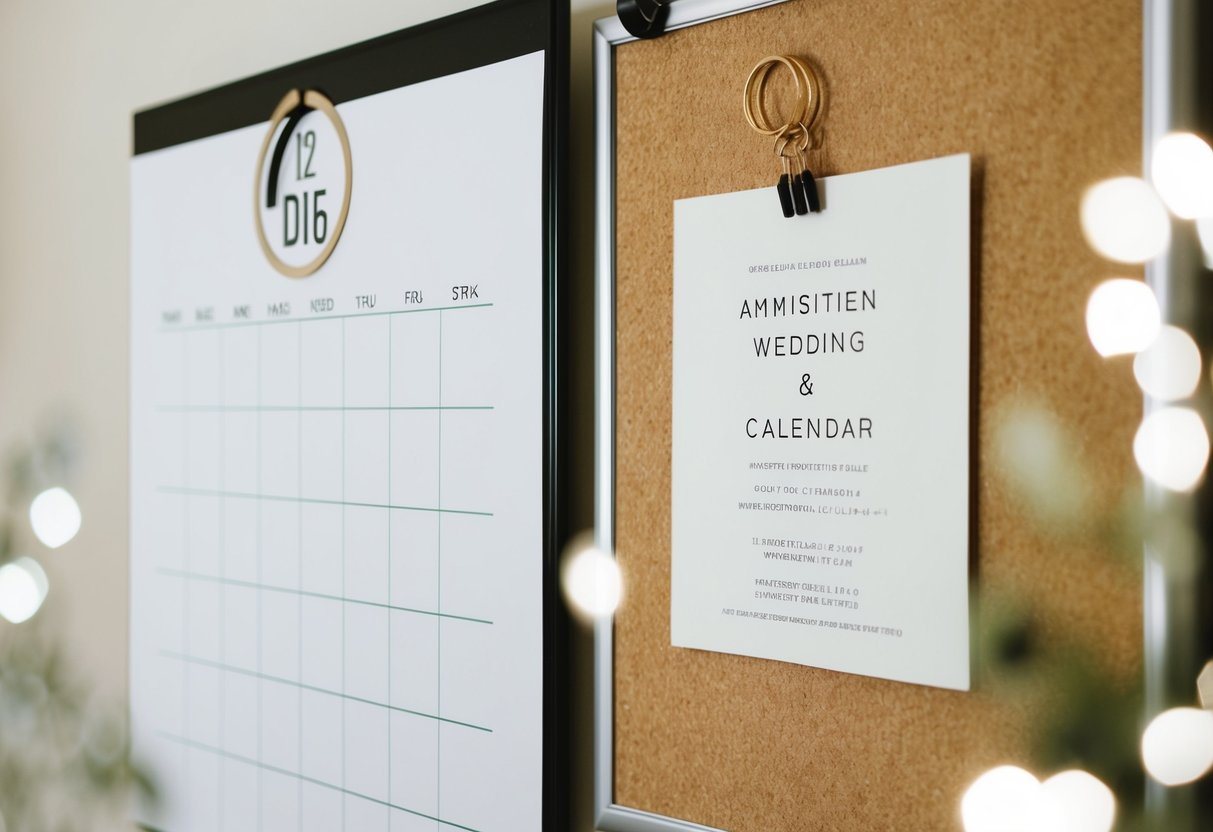 A calendar with a circled date and a wedding invitation pinned to a bulletin board