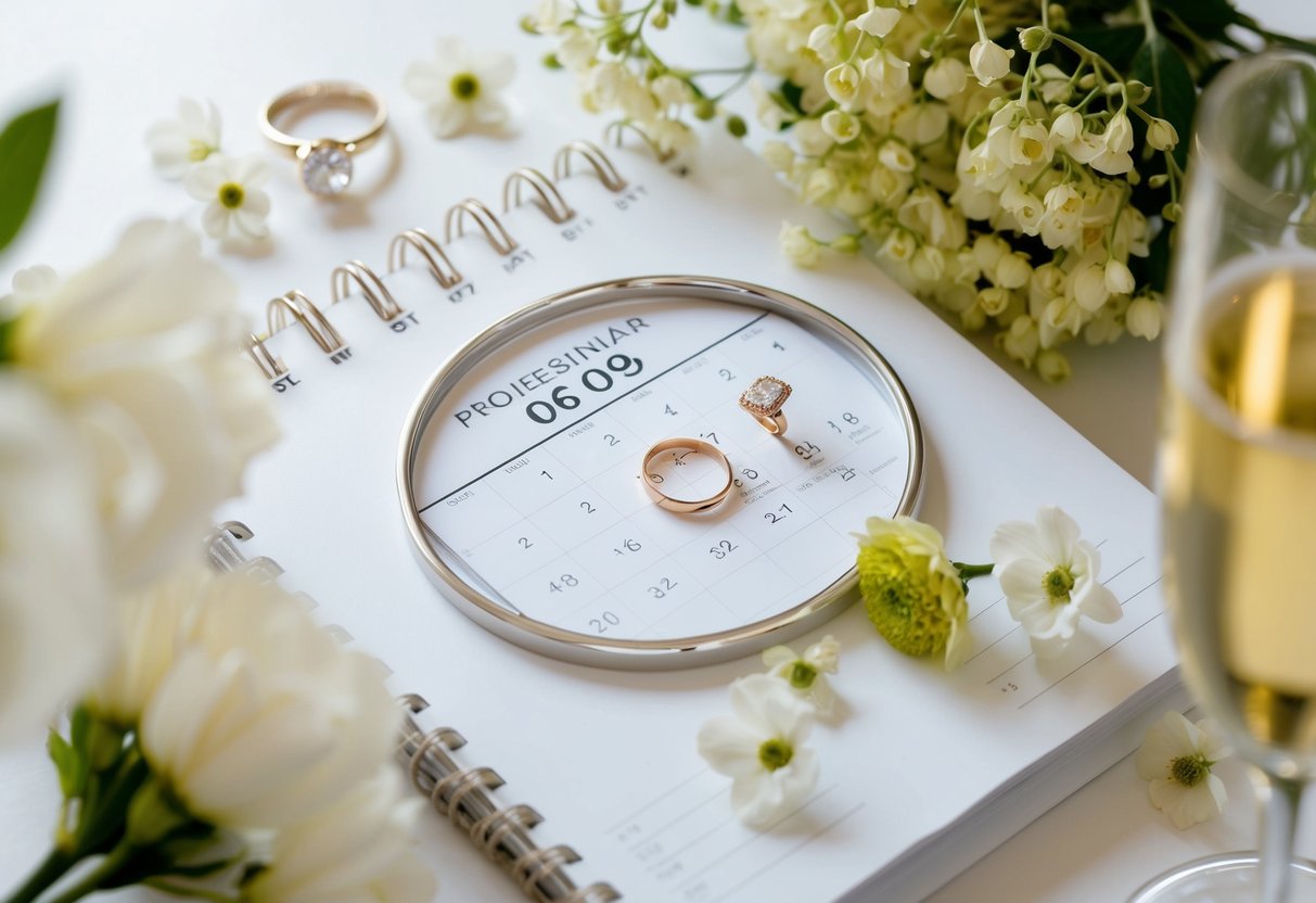 A calendar with a circled date, surrounded by wedding-related items like a ring, flowers, and a champagne glass