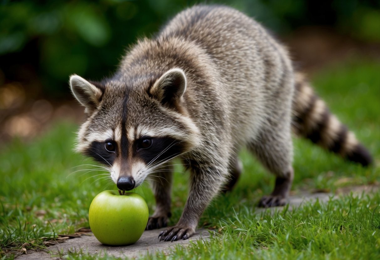 A raccoon cautiously approaches, its masked face curious as it sniffs a fallen apple