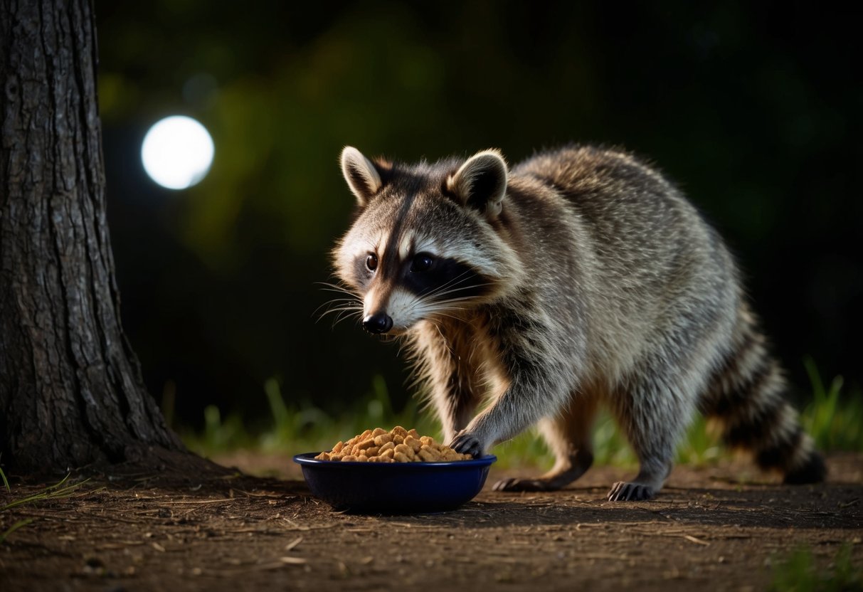 A raccoon cautiously approaches a bowl of food at night, its masked face illuminated by the moonlight filtering through the trees