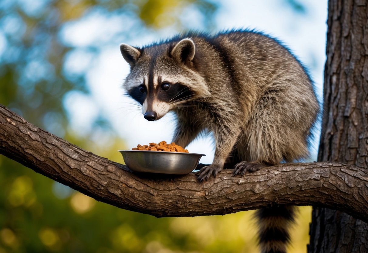 A raccoon sits on a tree branch, looking curiously at a bowl of food left out for it. The raccoon's fur is a mix of gray, black, and white, and its eyes are bright and alert