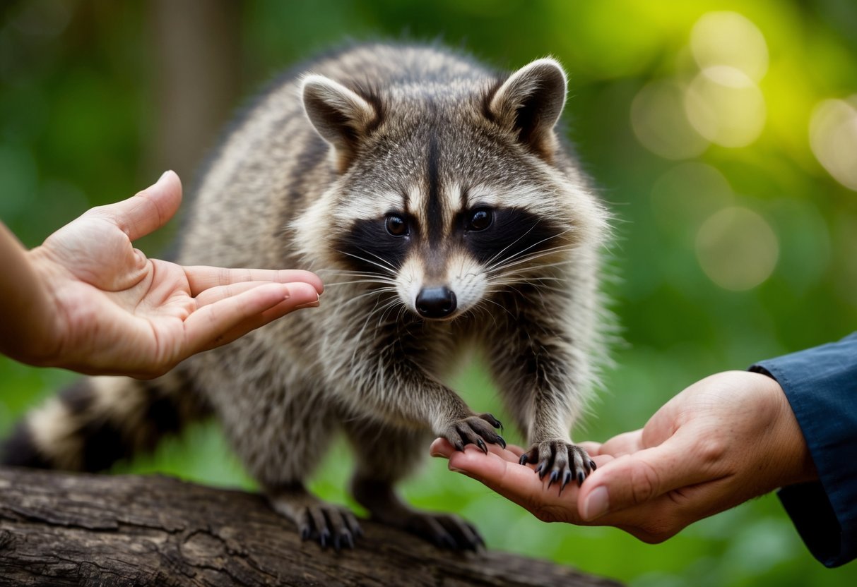 A raccoon cautiously approaches a person's outstretched hand, looking curious but wary. The person hesitates, unsure if it's safe to pet the wild animal