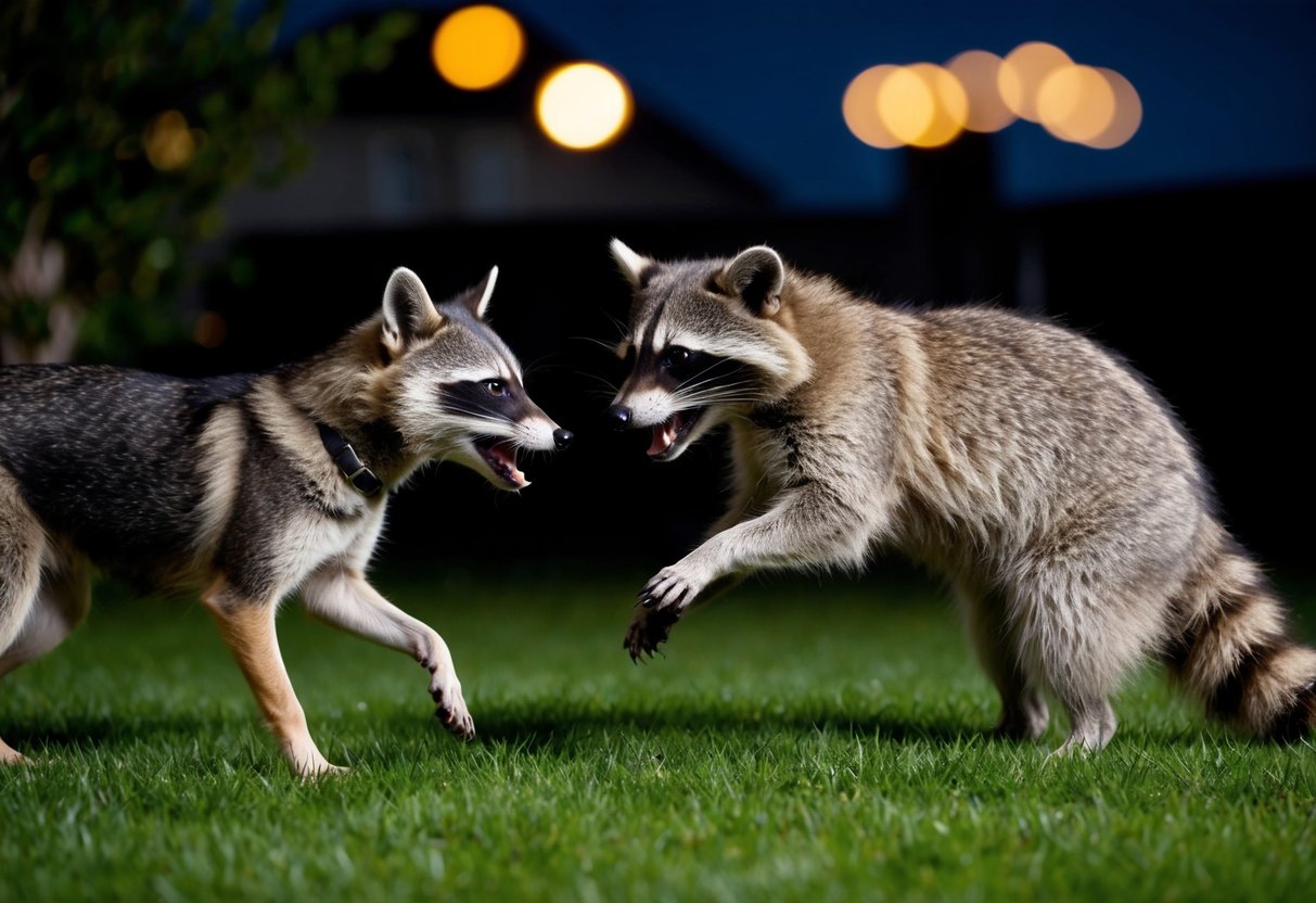 A raccoon lunges aggressively at a pet dog in a suburban backyard at night