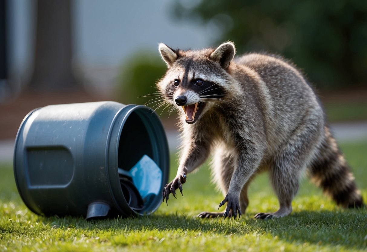 A raccoon snarling and baring its teeth, with its claws extended, standing near a tipped-over trash can