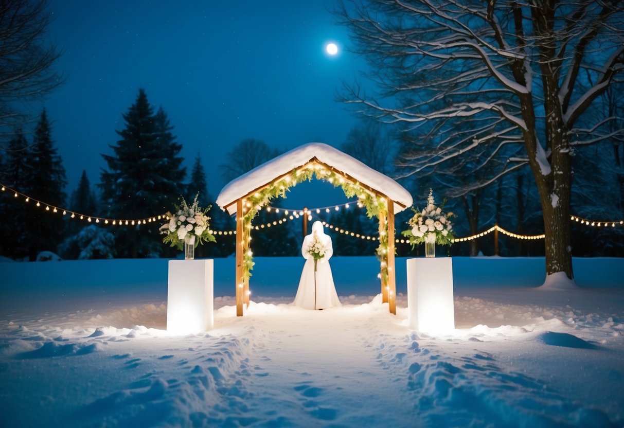 A snowy, moonlit night with a lone figure at a small outdoor wedding altar, surrounded by twinkling lights and a blanket of fresh snow
