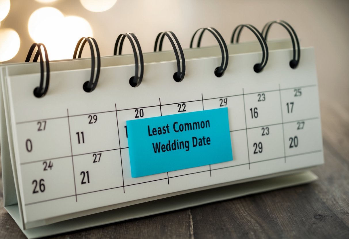 A calendar with all dates crossed out except for one, labeled as the "least common wedding date."