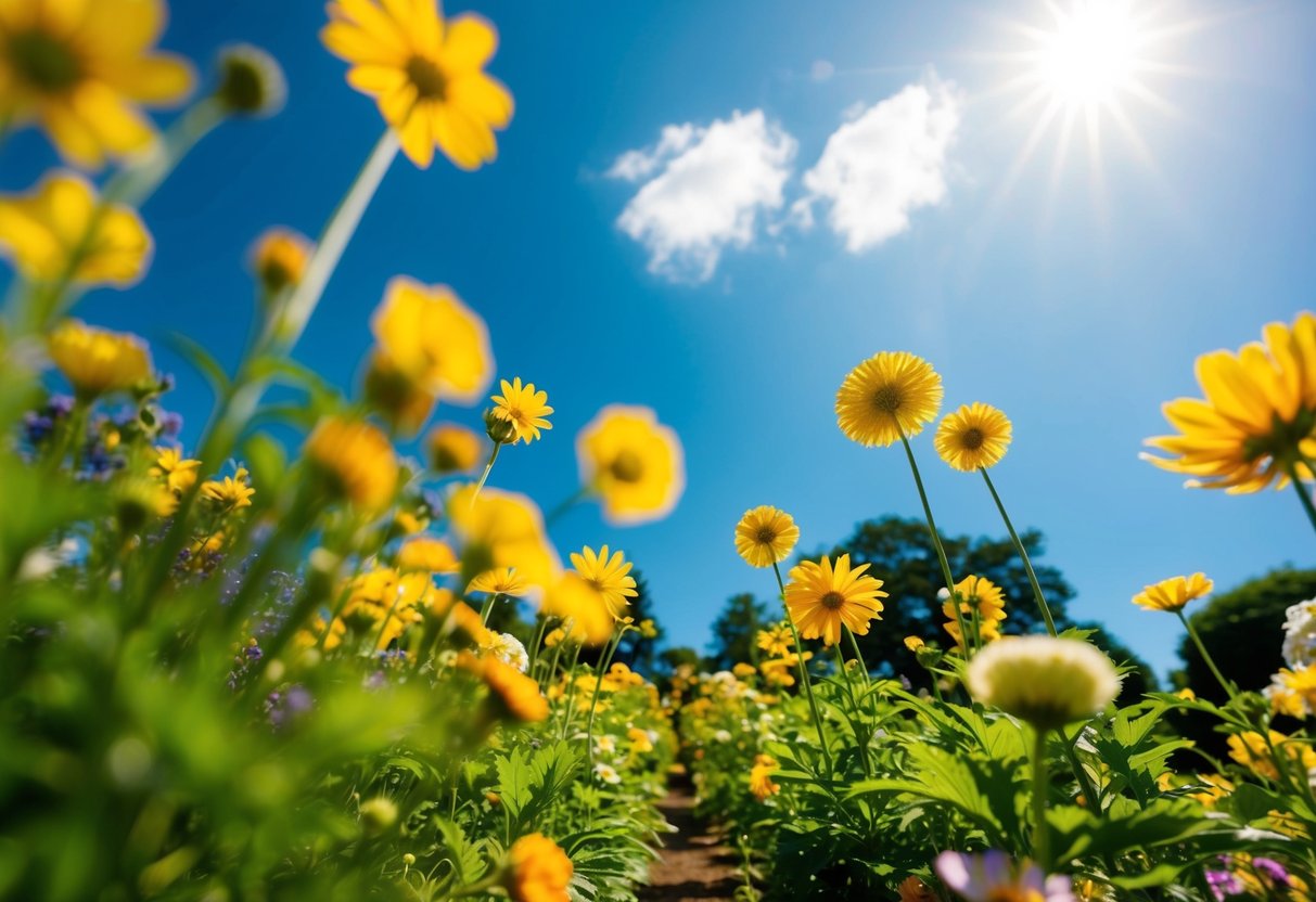 A sunny garden in June, with vibrant flowers and a clear blue sky, setting the scene for a joyous and lucky wedding