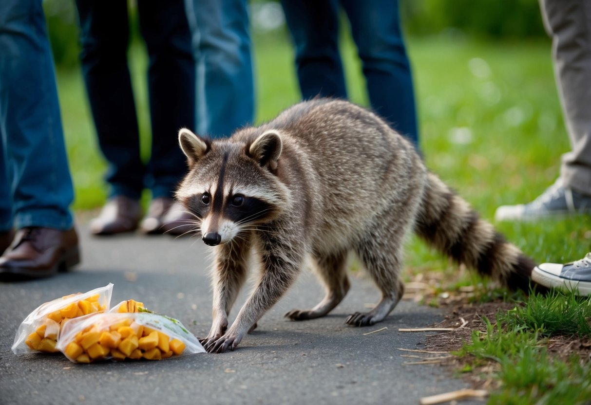 A raccoon cautiously approaches a group of humans, inspecting their discarded food
