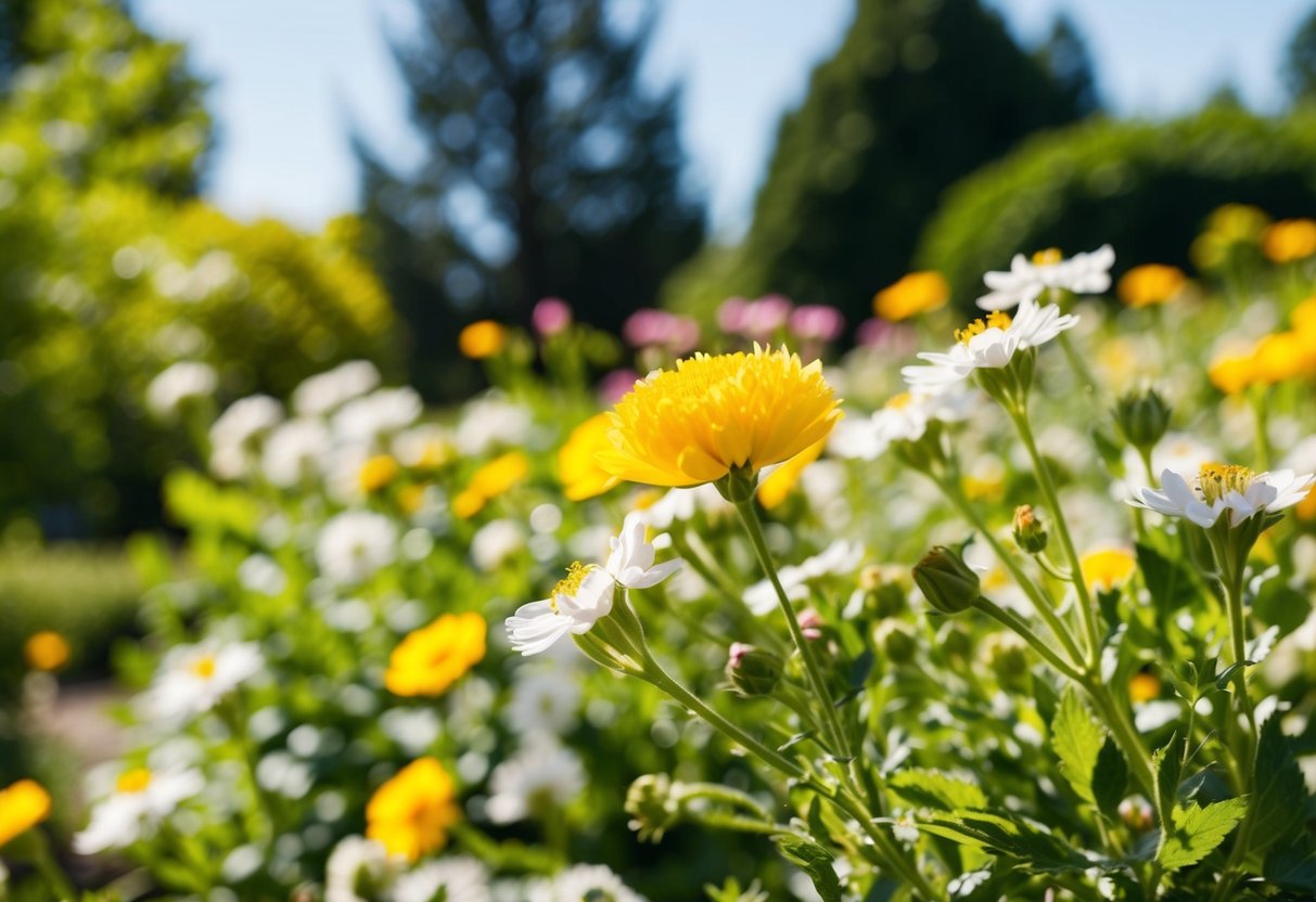 A sunny outdoor wedding in June, surrounded by blooming flowers and greenery