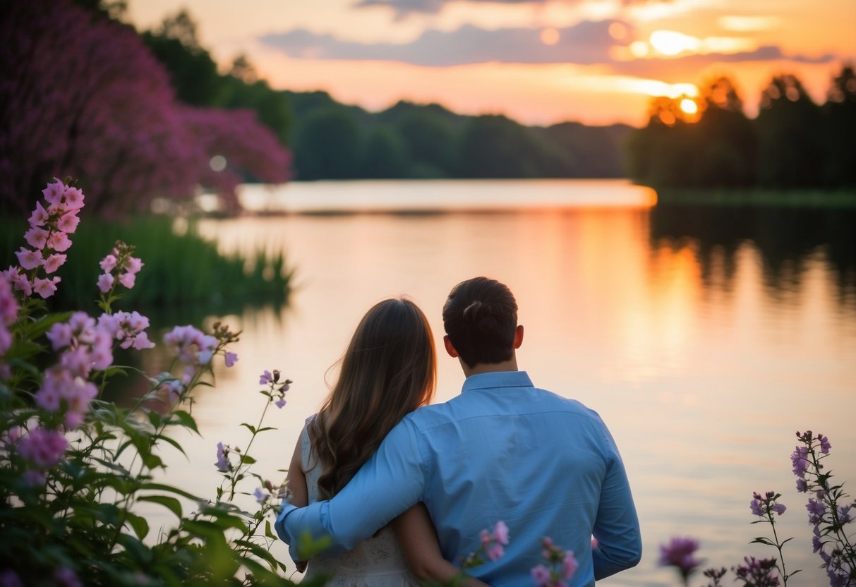 A couple watches the sunset, surrounded by blooming flowers and a serene lake