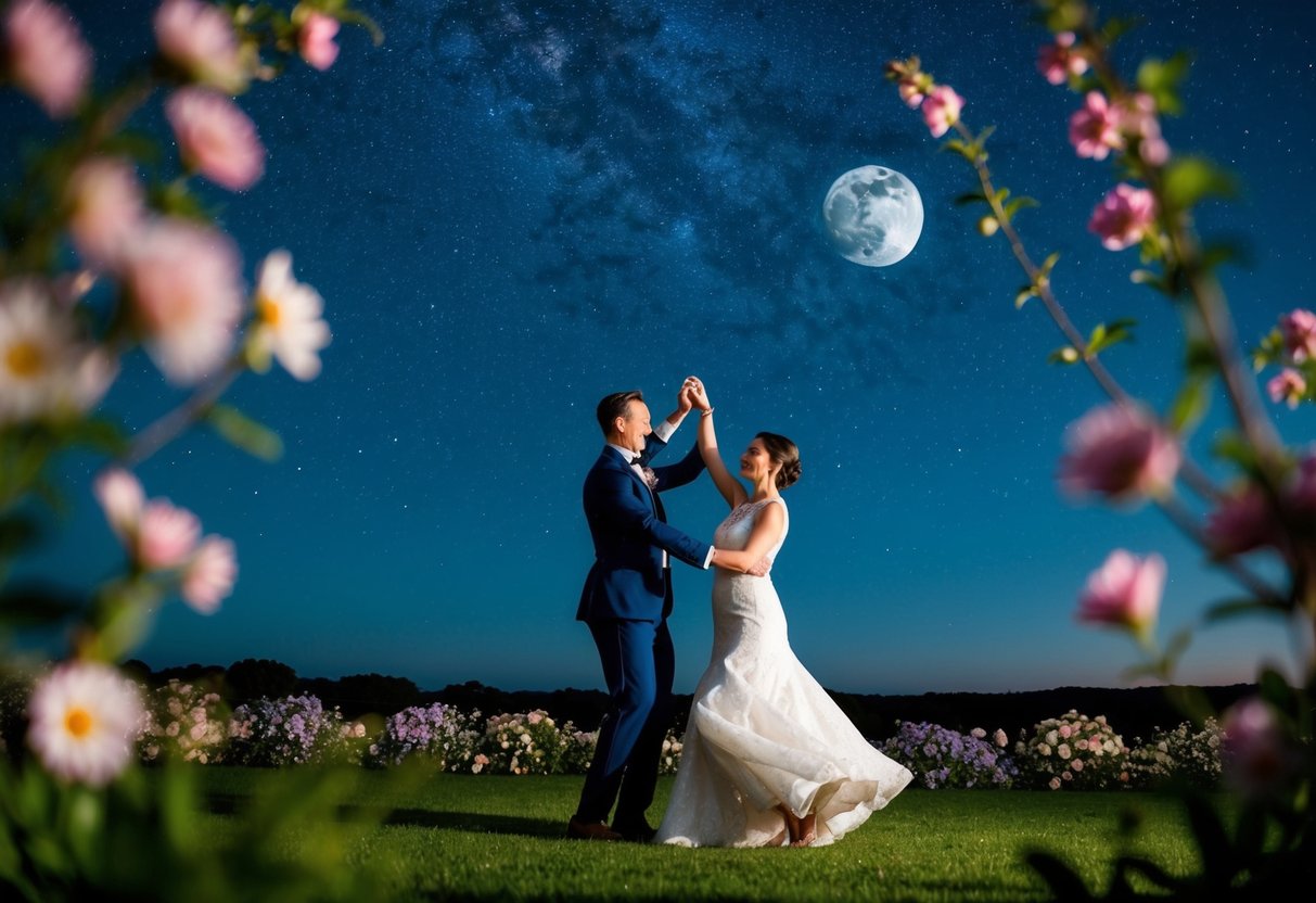 A couple dancing under a starry sky, surrounded by blooming flowers and a serene, moonlit landscape