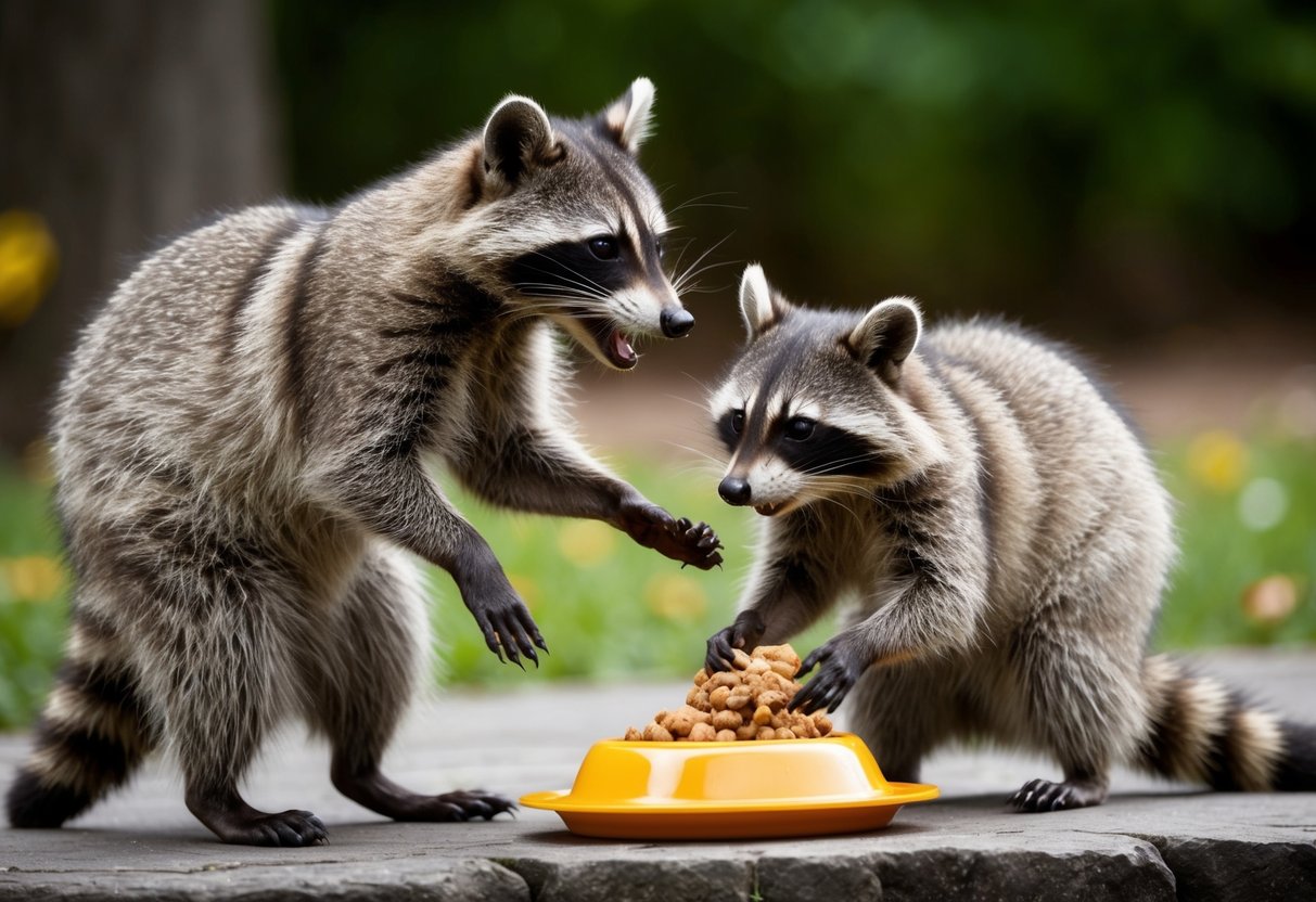A raccoon stands on hind legs, glaring at another raccoon stealing its food. The first raccoon appears agitated and defensive, while the second raccoon looks mischievous