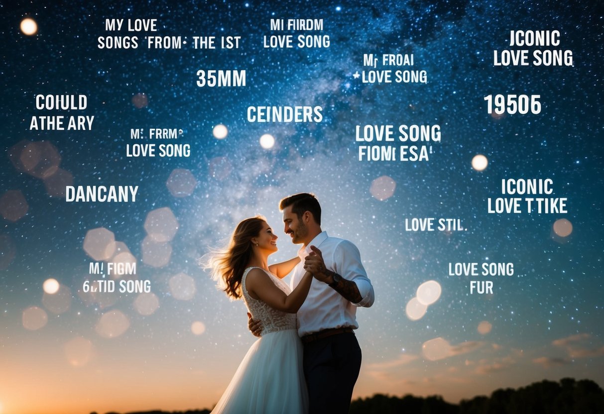 A couple dancing under a starry sky, surrounded by iconic love song titles from different decades floating in the air