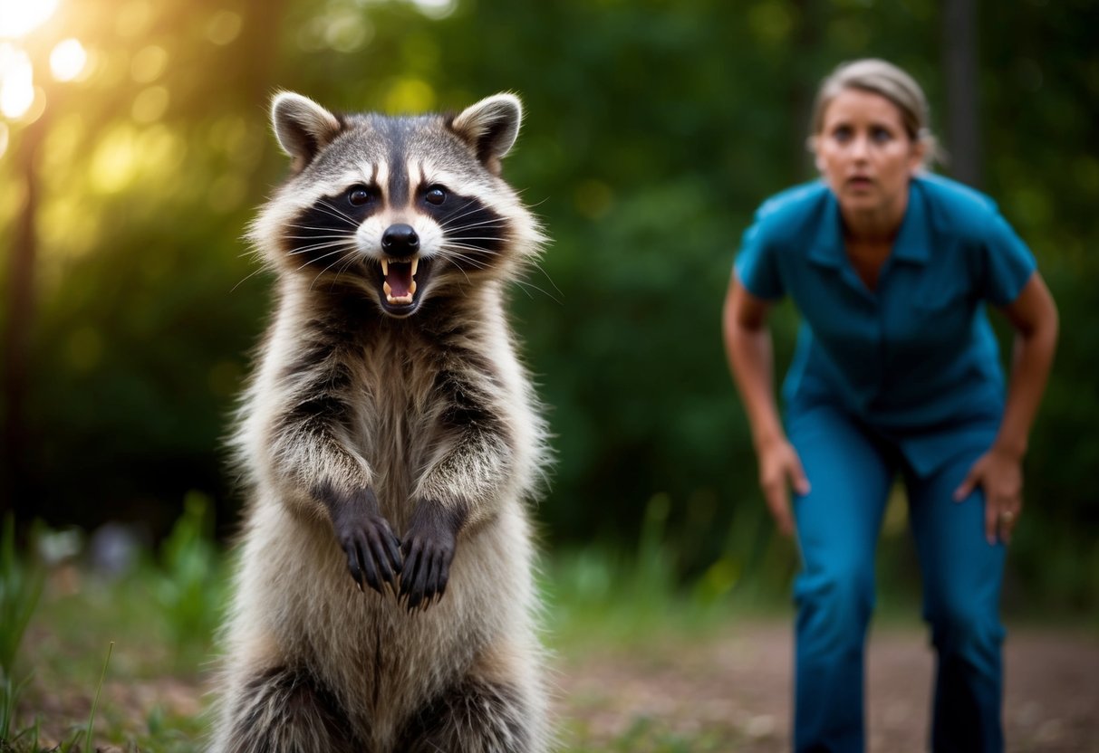 A raccoon stands on its hind legs, snarling and baring its teeth, while a person cautiously backs away with a concerned expression